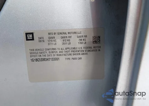 2017 Chevrolet Cruze Ls Auto из США, поврежденный, VIN 1G1BC5SM3H7133991